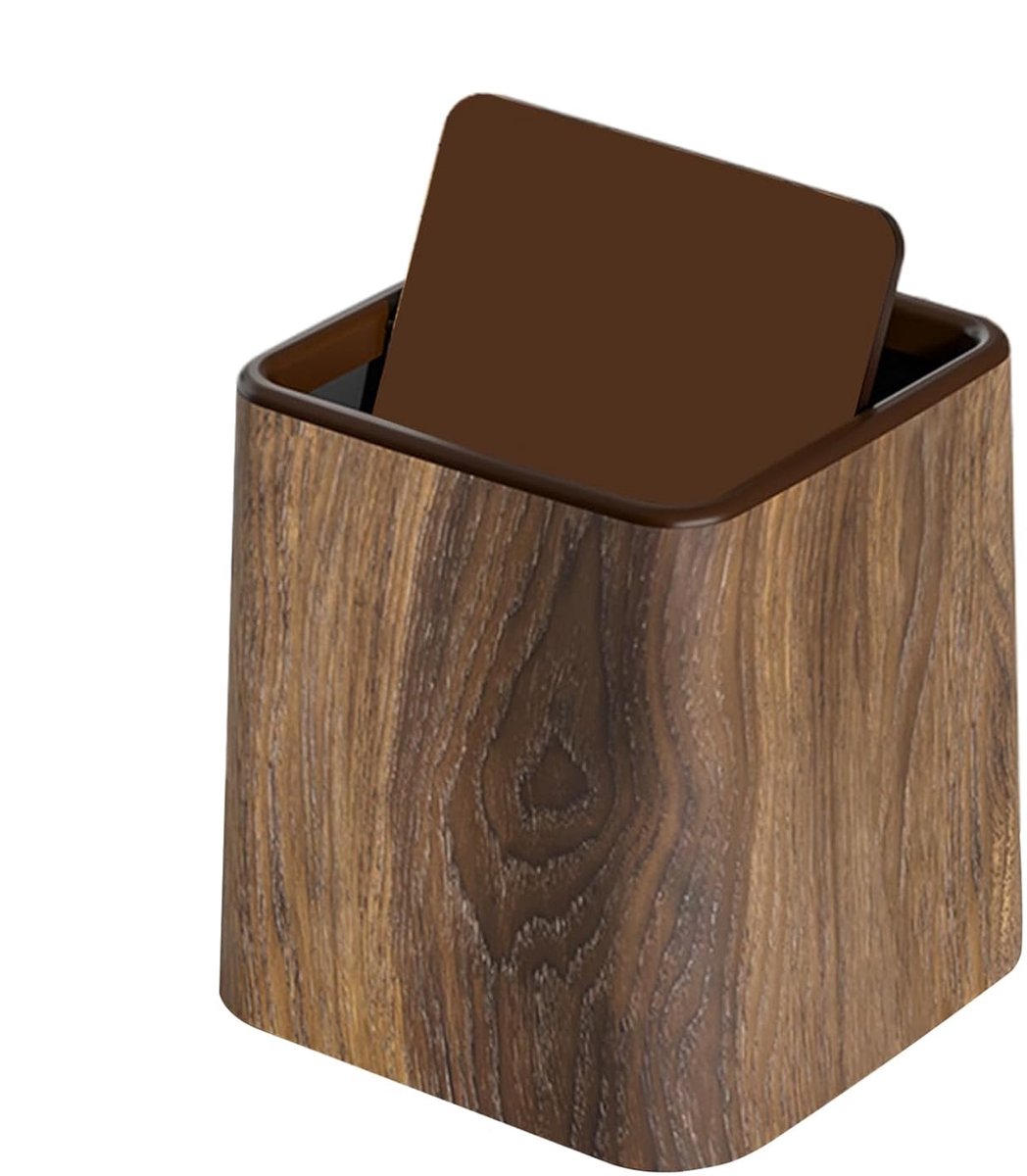 Mini prullenbak voor bureau-mini prullenbak-Bureauprullenbak - kleine prullenbak met deksel voor opslag - geschikt voor slaapkamer, studentenkamer, bureau, kantoor, kinderkamer, keuken - houtkleur - 14,70 x 14,70 x 15,30 cm