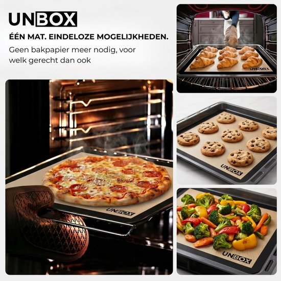 Collage van bakresultaten: croissants in oven, pizza op mat, koekjes op mat, groenten op mat. Ovenschalen met brood, pizza, koekjes en groenten.