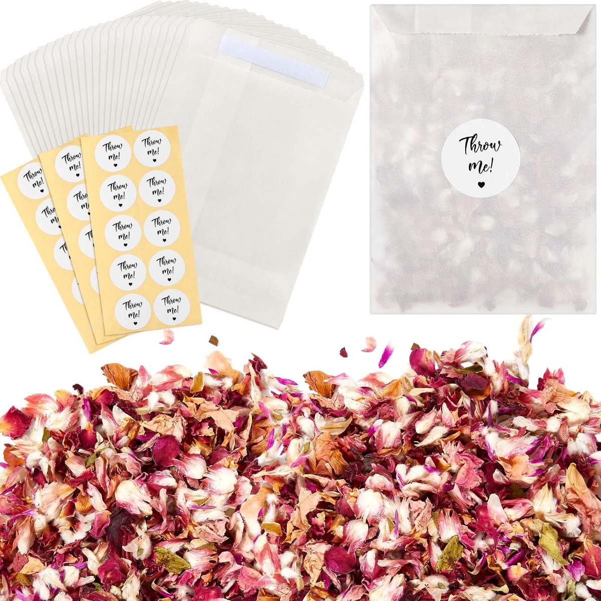 Allecto - Gedroogde bloemen - Confetti voor bruiloft - Elegant - Natuurlijk rozenblaadjes - Voor 45-50 gasten - Inclusief zakken en stickers