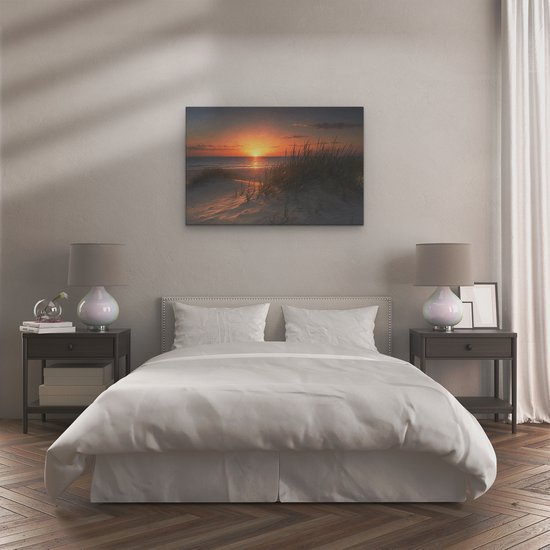 Artaza Canvas Schilderij Zonsondergang Strand - Duinen En Hoog Gras - 120x80 cm - Groot - Wanddecoratie Woonkamer - Schilderijen - Muurdecoratie