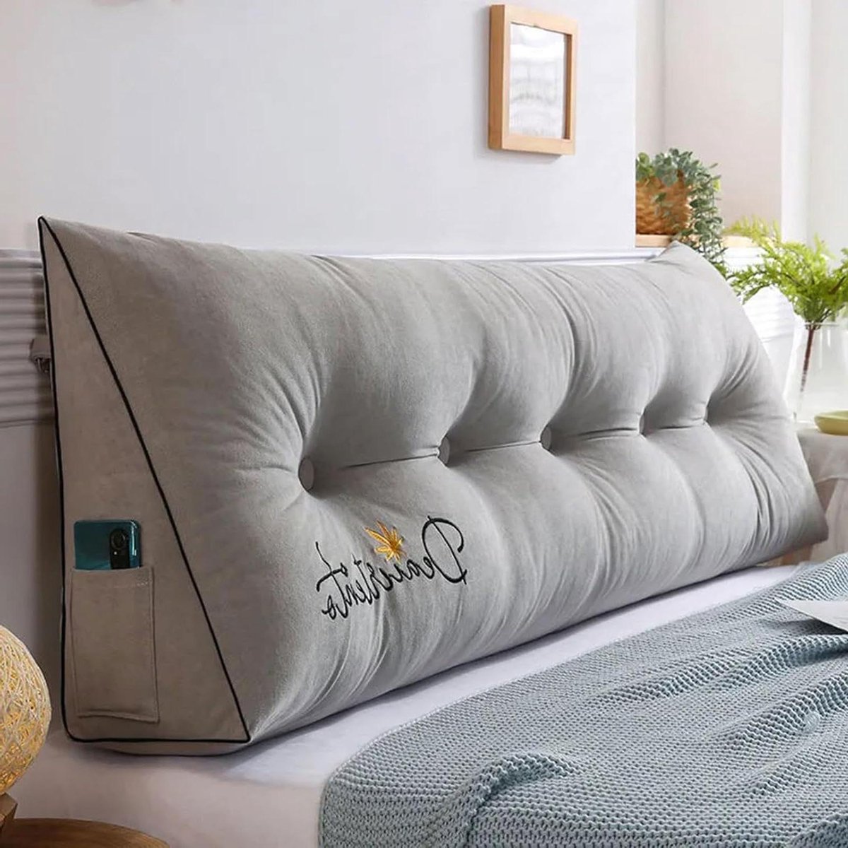 Hoofdbord Kussen - Wigkussen Rugsteun - Comfortabel Lezen - Verwijderbare Hoes - 150x55 cm - Grijs