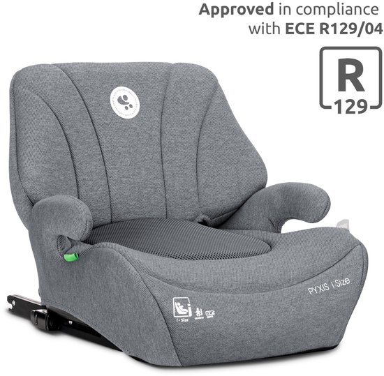 Grijze autostoel, goedgekeurd volgens ECE R129/04.