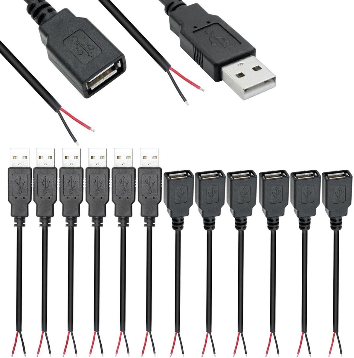 Allecto - RUNCCI-YUN 12pcs USB 2.0 Pigtail Kabels - Male & Female - 30 cm - 22 AWG - Voor Arduino en LED-strips