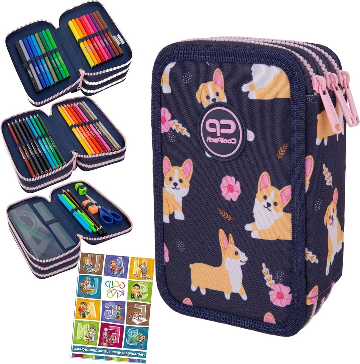 Etui met 3 vakken - Schooletui pennenetui - Schoolspullen organiseren - Inclusief uitgebreide set - 3-fach - Donkerblauw roze