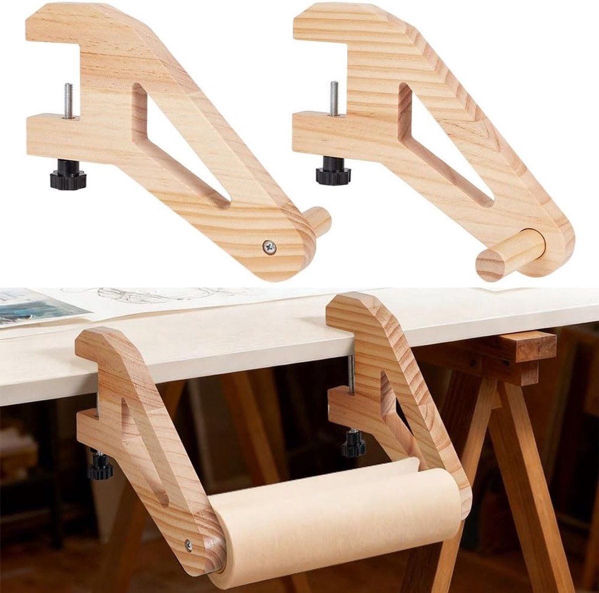 Papierrolhouder van hout voor tafels en schildersezels, ideaal voor cadeaupapier en creatieve projecten, geschikt voor dikte 2 - 4,5 cm.