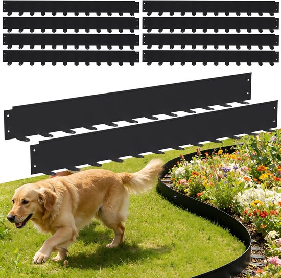 Pièces de bordure métallique noire en haut et un golden retriever courant le long d'une bordure courbe.
