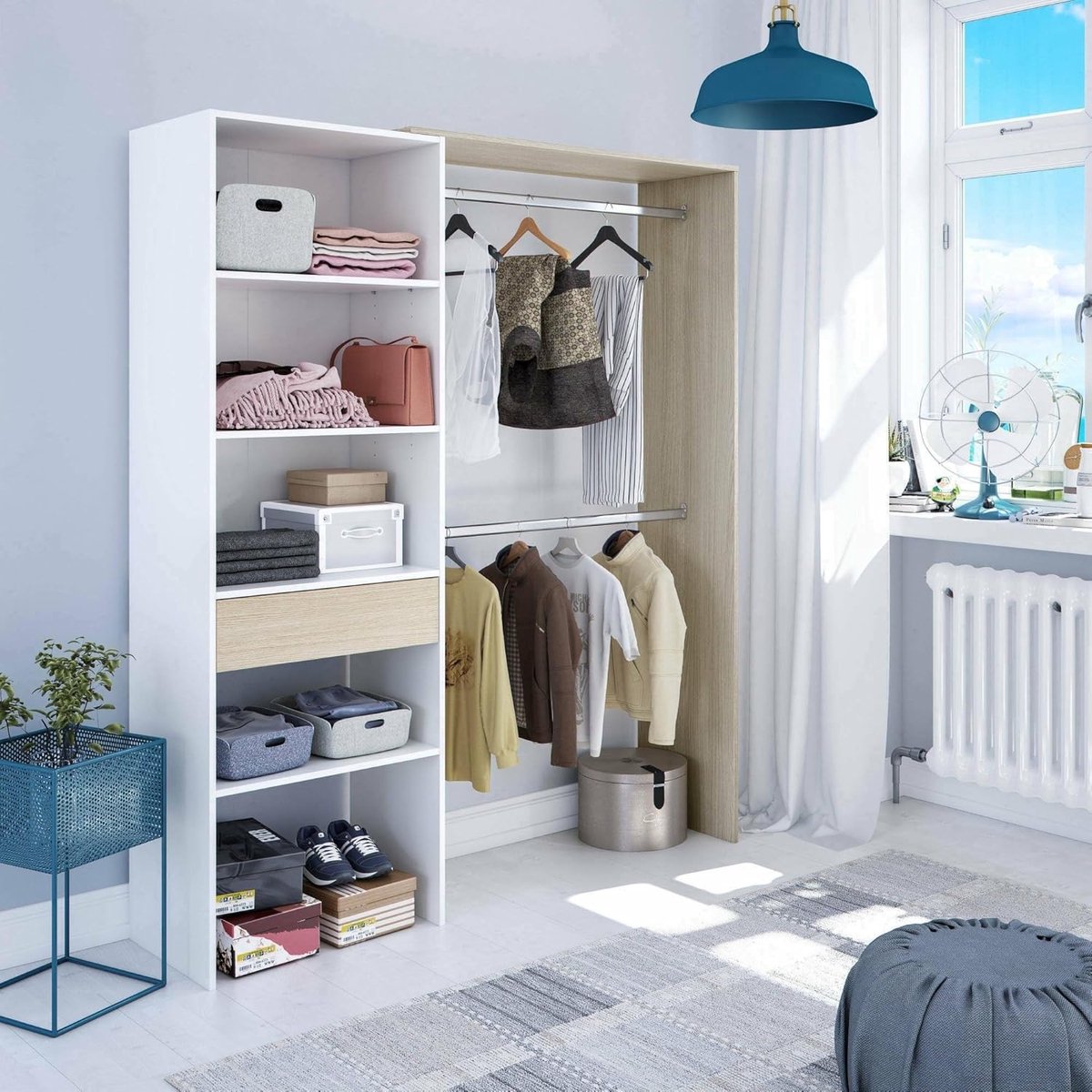 Dmora - Miramar Wardrobe, Structure for Walk-In Closet, Open Cupboard Without Doors, Walk-In Closet, 158 x 40 x 187 cm, White and Oak
