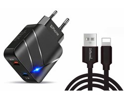 DrPhone Kevlar Pro Lightning Oplader Set – 1M TPE Lightning Kabel + Dual USB Thuislader – 2 Poorten – Geschikt voor iPhone / iPad / iPod – Zwart