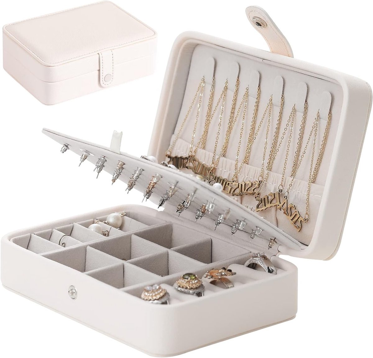 Compacte Reisjuwelendoos voor Vrouwen - PU Leren Mini Juwelendoos als Cadeau voor Meisjes - Perfecte Organizer voor Ringen, Oorbellen en Kettingen
