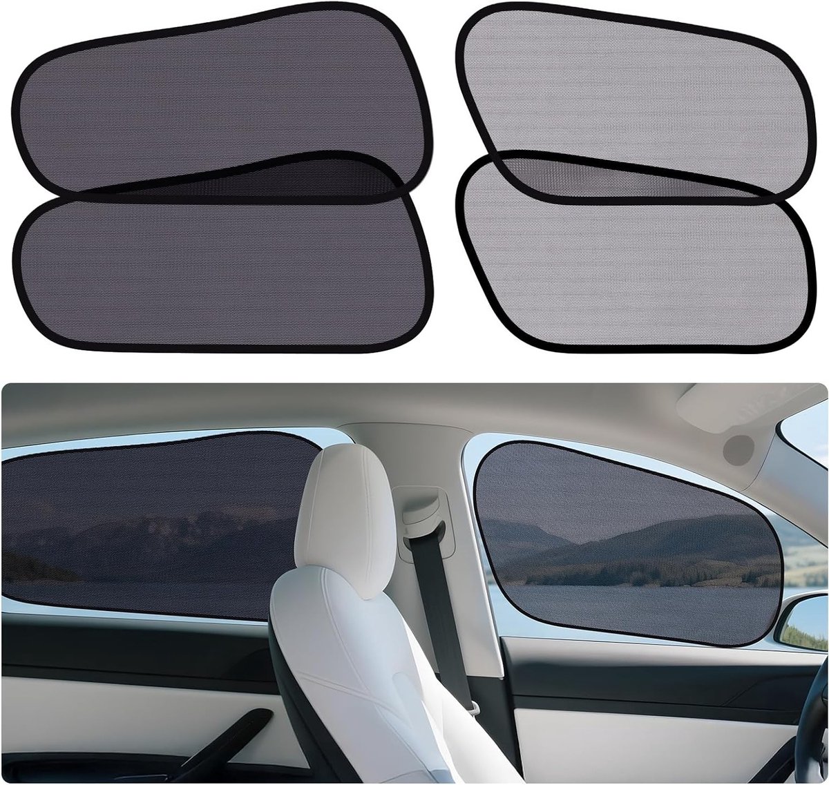 Zonwering voor Auto voor Baby, Kinderen en Huisdieren - UV Bescherming, Zelfklevende Zonnebescherming voor Tesla Model Y (4 Stuks)