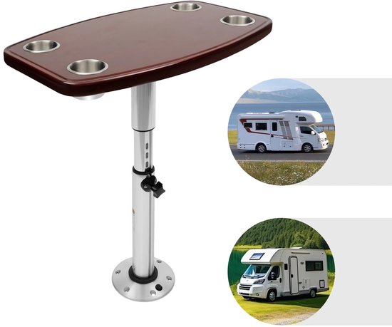 Lifero Tafel Caravan - Tafel Boot - Verstelbare Hoogte - Eettafel - Eiken Tafelblad met 4 Bekerhouders - 60×38cm - Bijzettafel — afbeelding 2