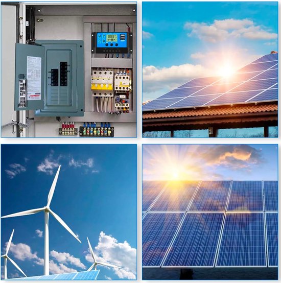 Collage met elektrische componenten en zonne-energie: een schakelkast met een zonne-laadregelaar, zonnepanelen en windturbines.
