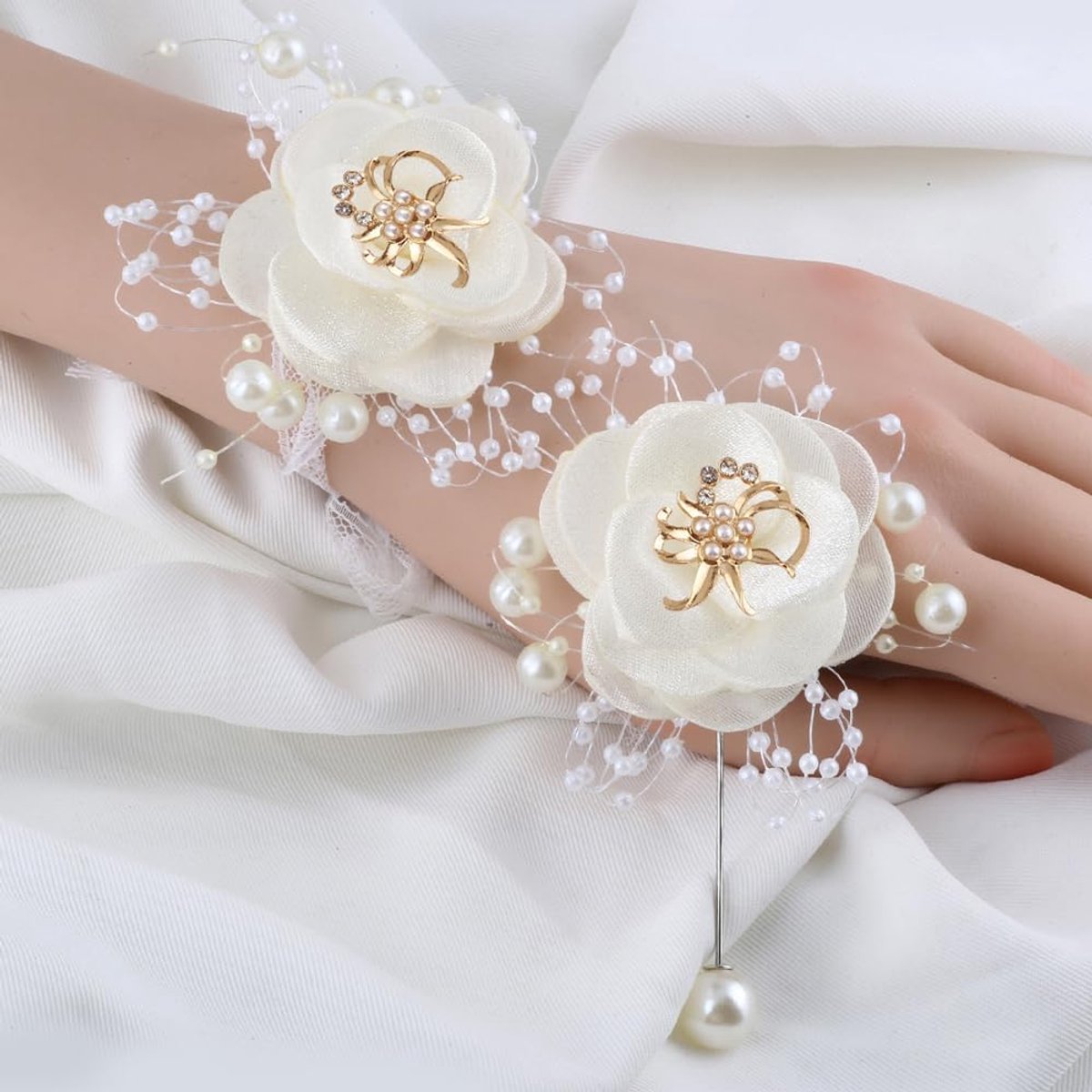 Set van 2 Wrisflower en Corsage - Satijnen Rozen Corset en Wrisflower Set - Bruiloft en Prom Party Accessoires - 10.5 x 7 cm, 7 x 7 cm (Wit)