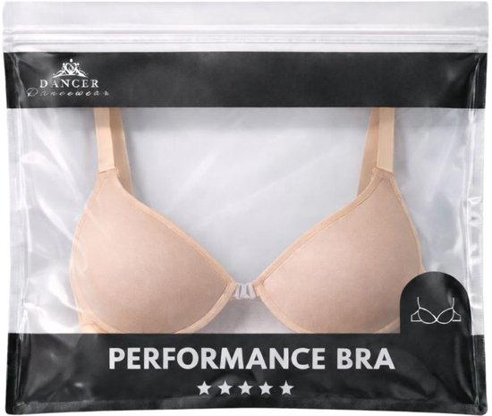 Nude beugelbh in verpakking met de tekst 'PERFORMANCE BRA'.