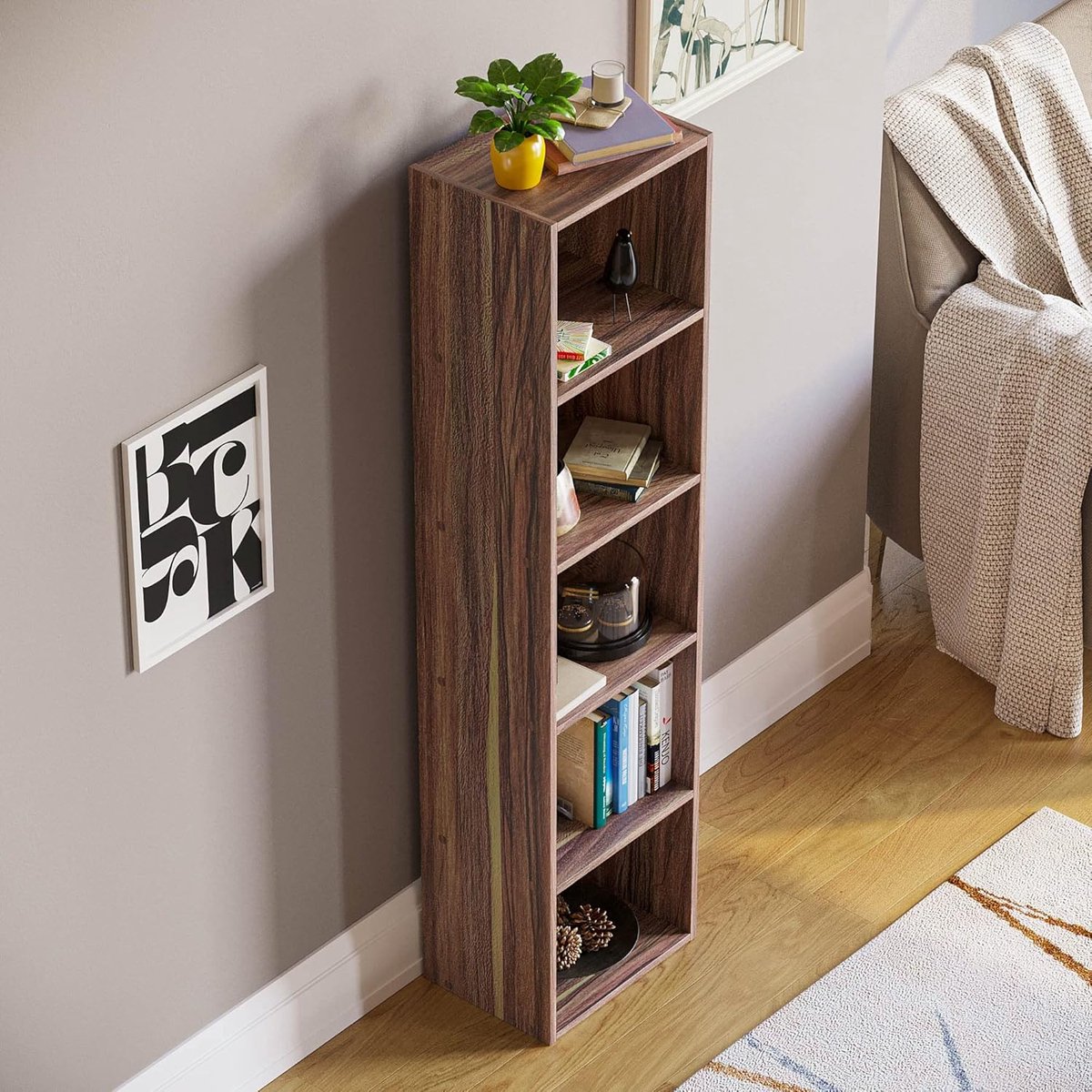 Boekenkast 5-Vaks Kubus - ABTkantoor Oxford Walnoot Houten Opbergkast - Hoge Smalle Boekenkast 132 x 32 x 24 cm - Moderne Vrijstaande Kast voor Woonkamer, Kantoor & Slaapkamer