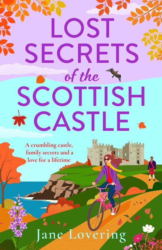Boek kaft met de titel 'Lost Secrets of the Scottish Castle' in paarse letters, een illustratie van een vrouw op een fiets voor een Schotse kasteelruïne.