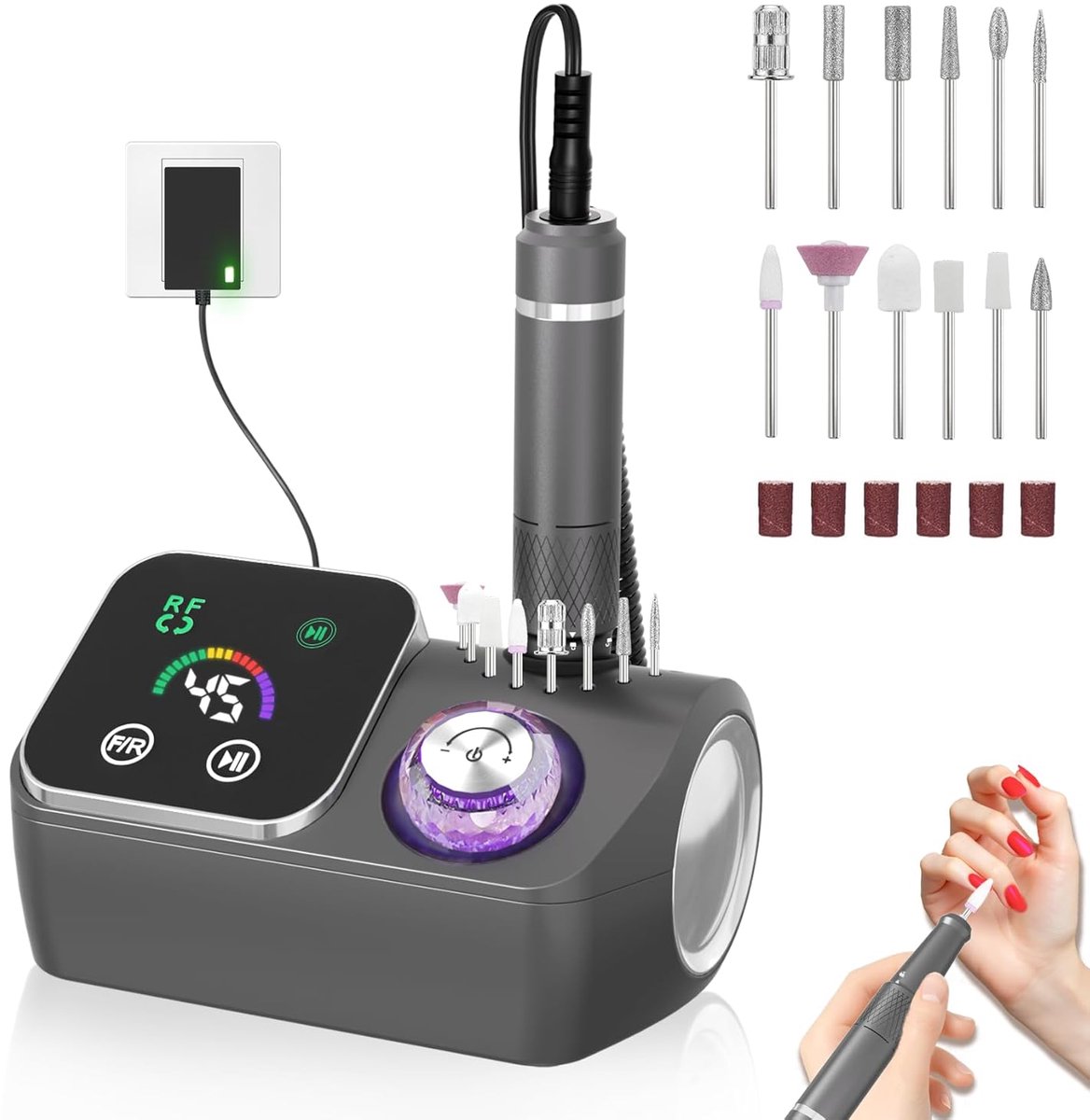 Professionele elektrische nagelfrees met snoer - 45.000 toeren per minuut - geluidsarm en met led-display voor het vormen - verwijderen en polijsten van acryl- en gelnagels - geschikt voor thuisgebruik in de salon -grijs