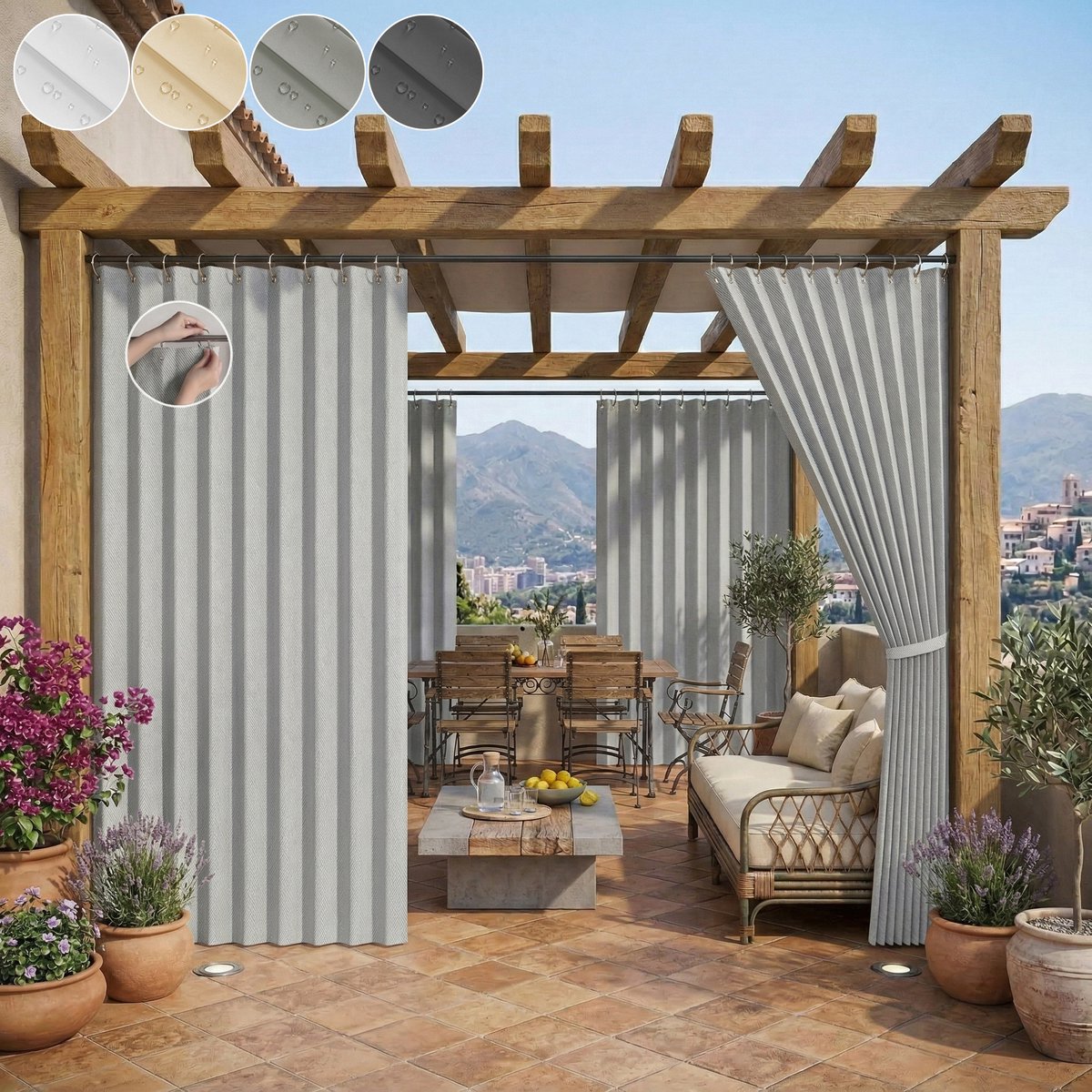 Qelus Anti-Haak Buitengordijn Waterdicht 2 Stuks - Krasbestendig Outdoor Gordijn met Permanente Plooi 140x241 cm - Slijtvast Verduisterend Terrasgordijn voor Tuin & Balkon - Lichtgrijs Lichtgrijs - 2 Stuks