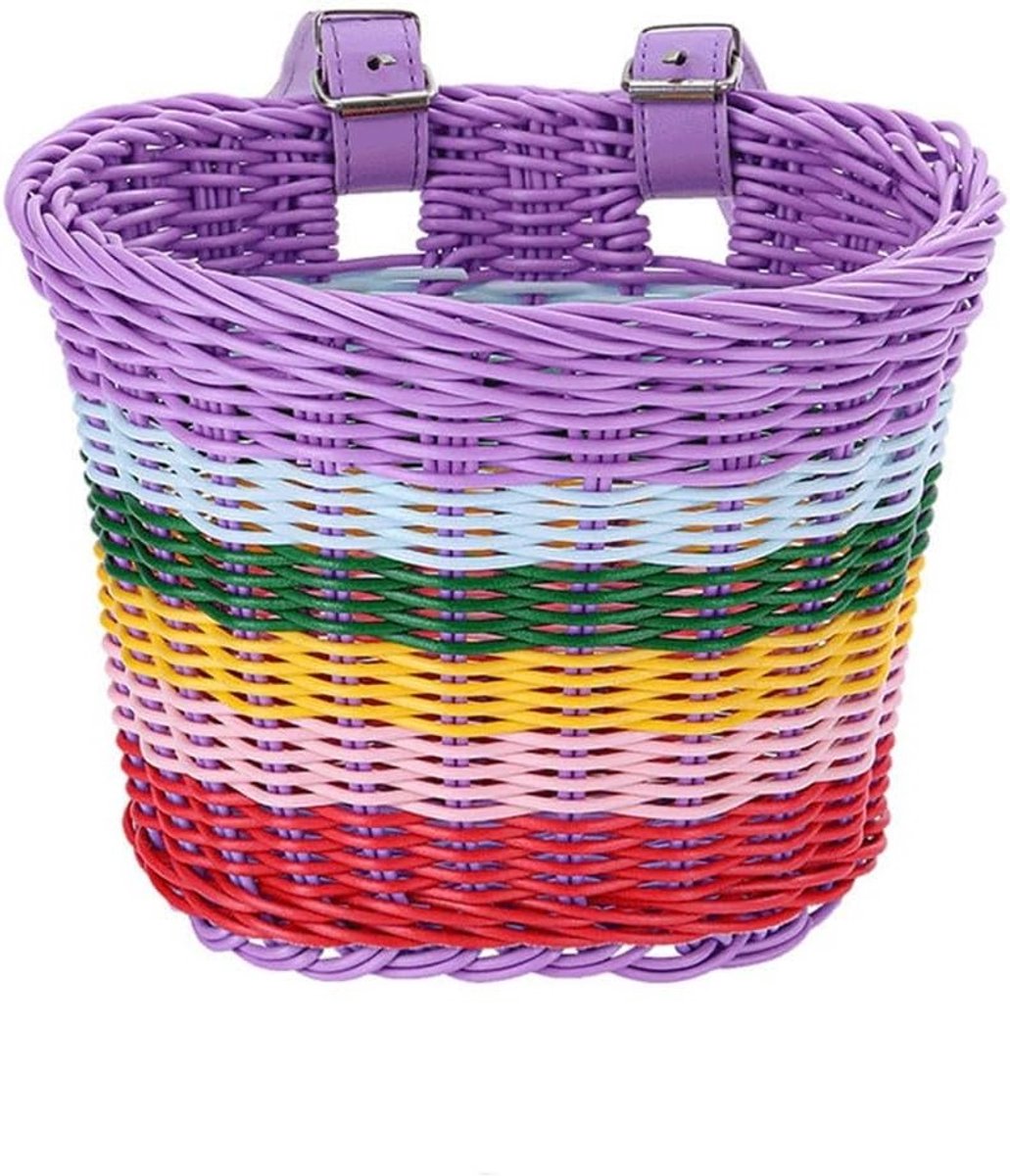 Fietstas voor Kinderen - Handgeweven Voorop Fietsmandje voor Balansfiets, Ideaal voor Buitenactiviteiten en Fietstochten met Regenboogdesign