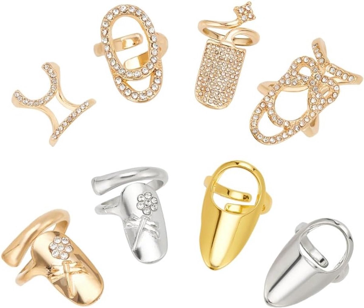 8 Stuks Diverse Stijlen Legering Rhinestone Vingernaaldringen, Metaal Nagelring Charms voor Bruiloften, Rollenspellen en Verkleedpartijen in Goud en Platina