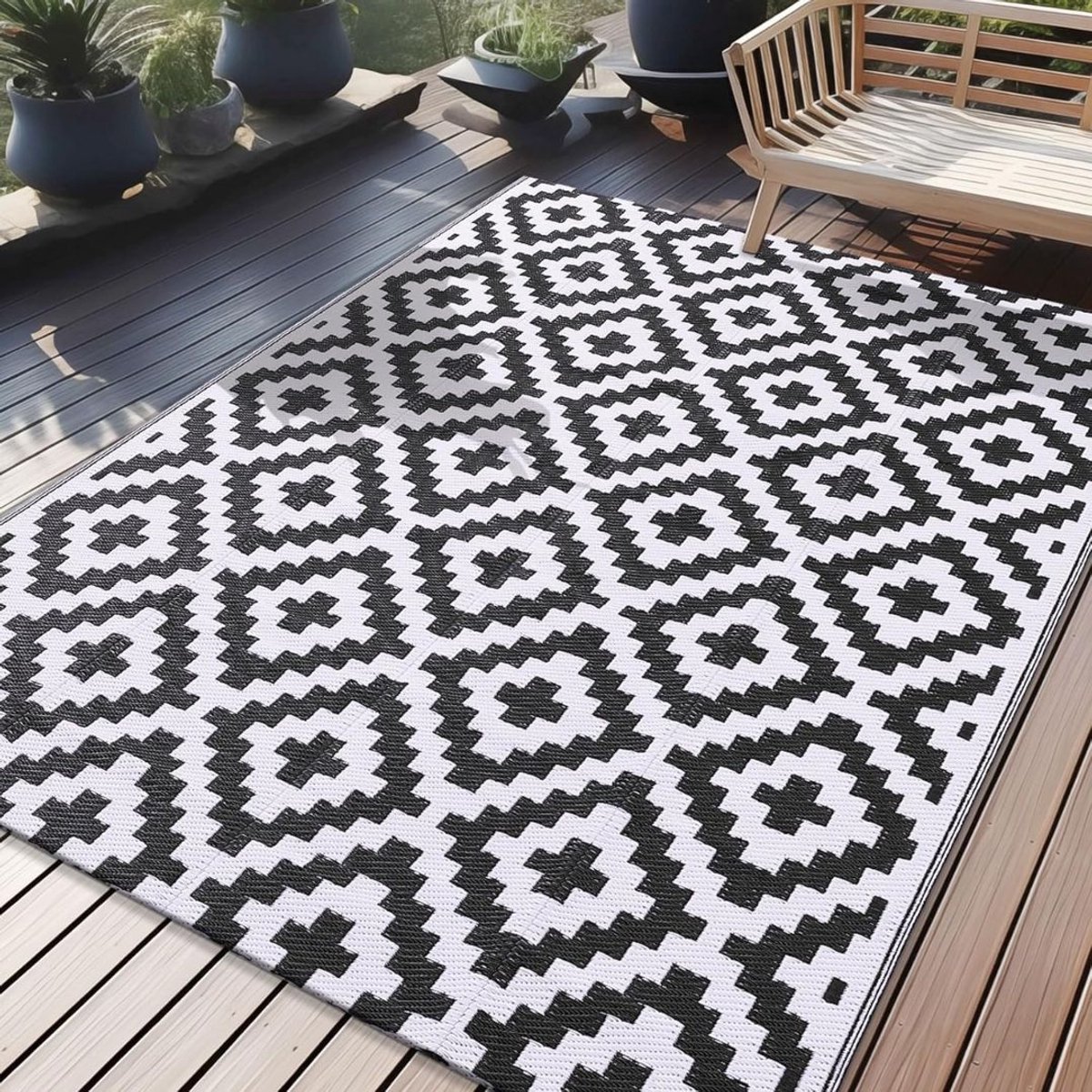 White-Label® Buitentapijt - Modern & Weerbestendig - UV-Bestendig - Wit en Zwart
