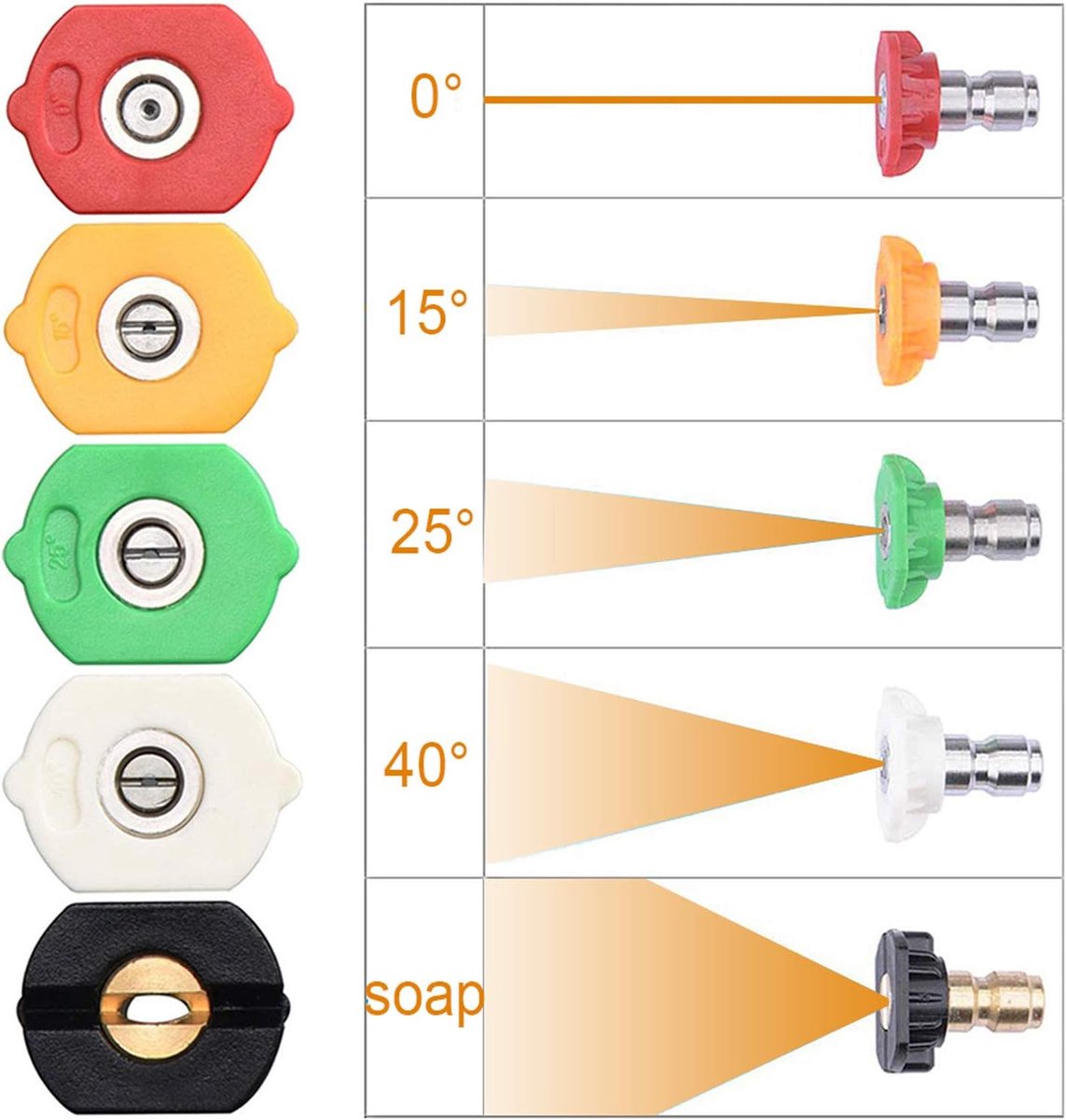 Hogedrukreiniger-sproeiers, krachtige zeepdispenser-sproeiers, multi-hoekige 1/4" snelkoppeling, maximale druk 4500 PSI, debiet 2,5 GPM (verpakking van 5 stuks)