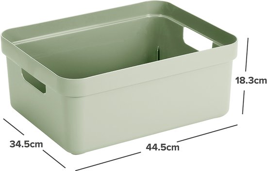 Lichtgroene opbergbox met afmetingen 44.5x34.5x18.3 cm en handgrepen.