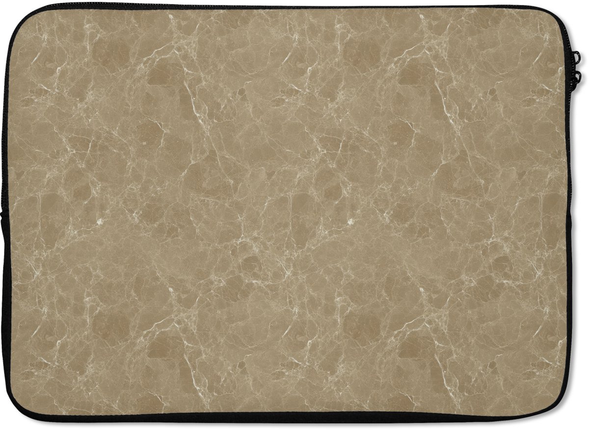 Laptophoes 14 inch - Beige - Marmer print - Witte aders - Laptop sleeve - Binnenmaat 33x23 cm - Zwarte achterkant