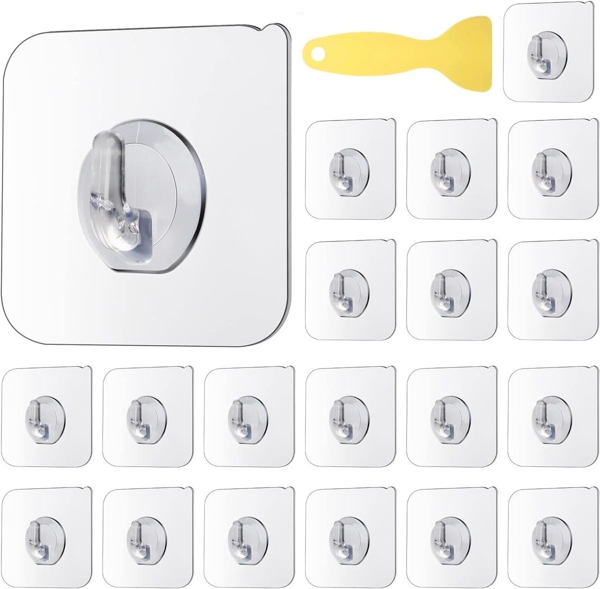 Set van 20 Transparante Zelfklevende Haakjes voor Keuken, Badkamer en Toilet - Max. 10kg Draagvermogen, Inclusief Schraper voor Eenvoudige Bevestiging