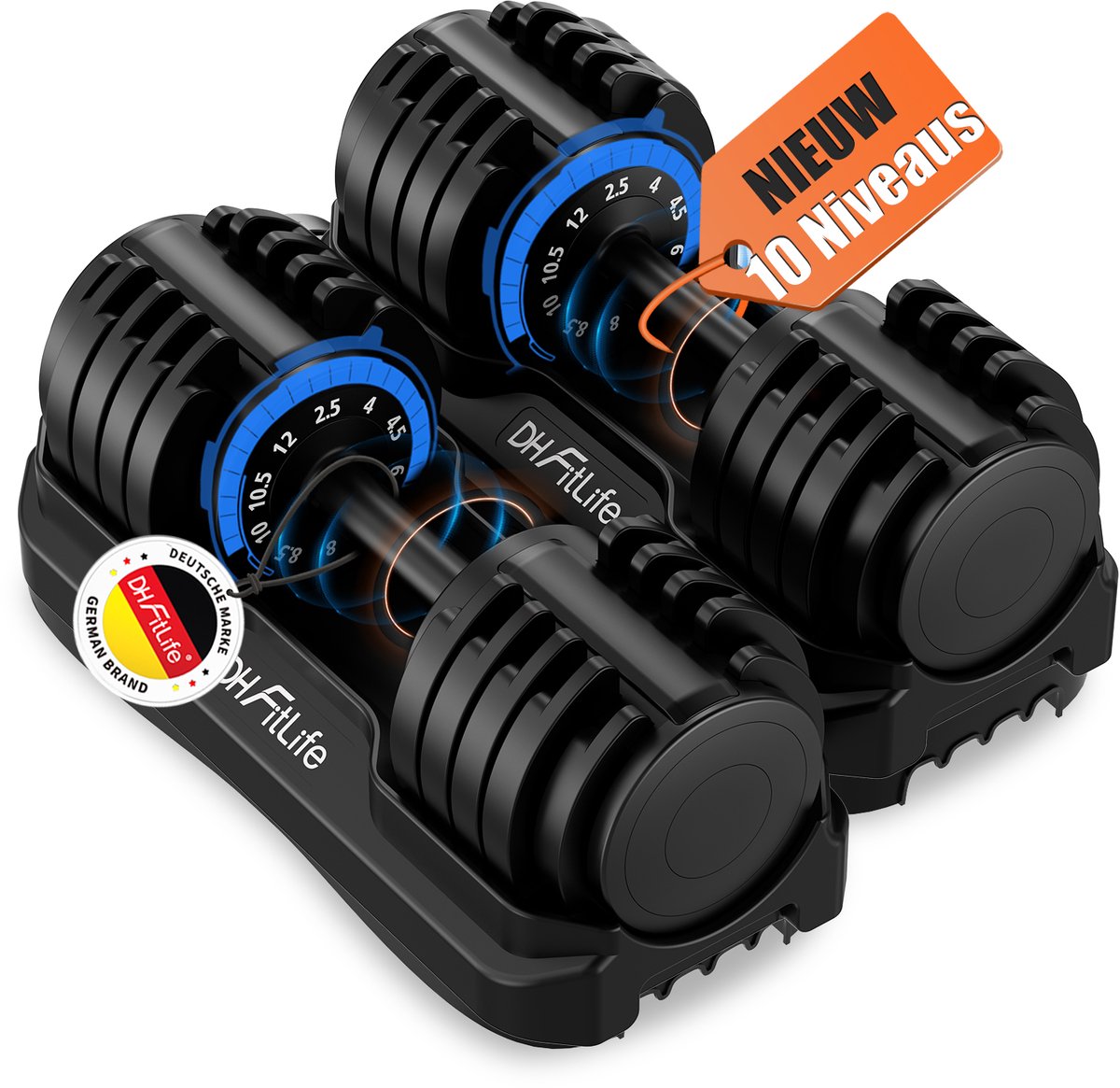 DH FitLife - Verstelbare Halters 2er Set - 12 kg (2,5-12 kg) - 10 Gewichtsniveaus - 10-in-1 - Inclusief Halterschijven
