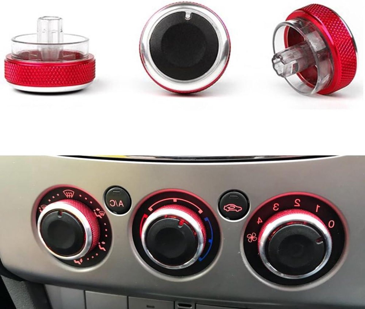 Airco Knoppen Set - Verwarmingsknoppen Aluminium - Auto Interieur - Set van 3 - Standaard Maat - Rood