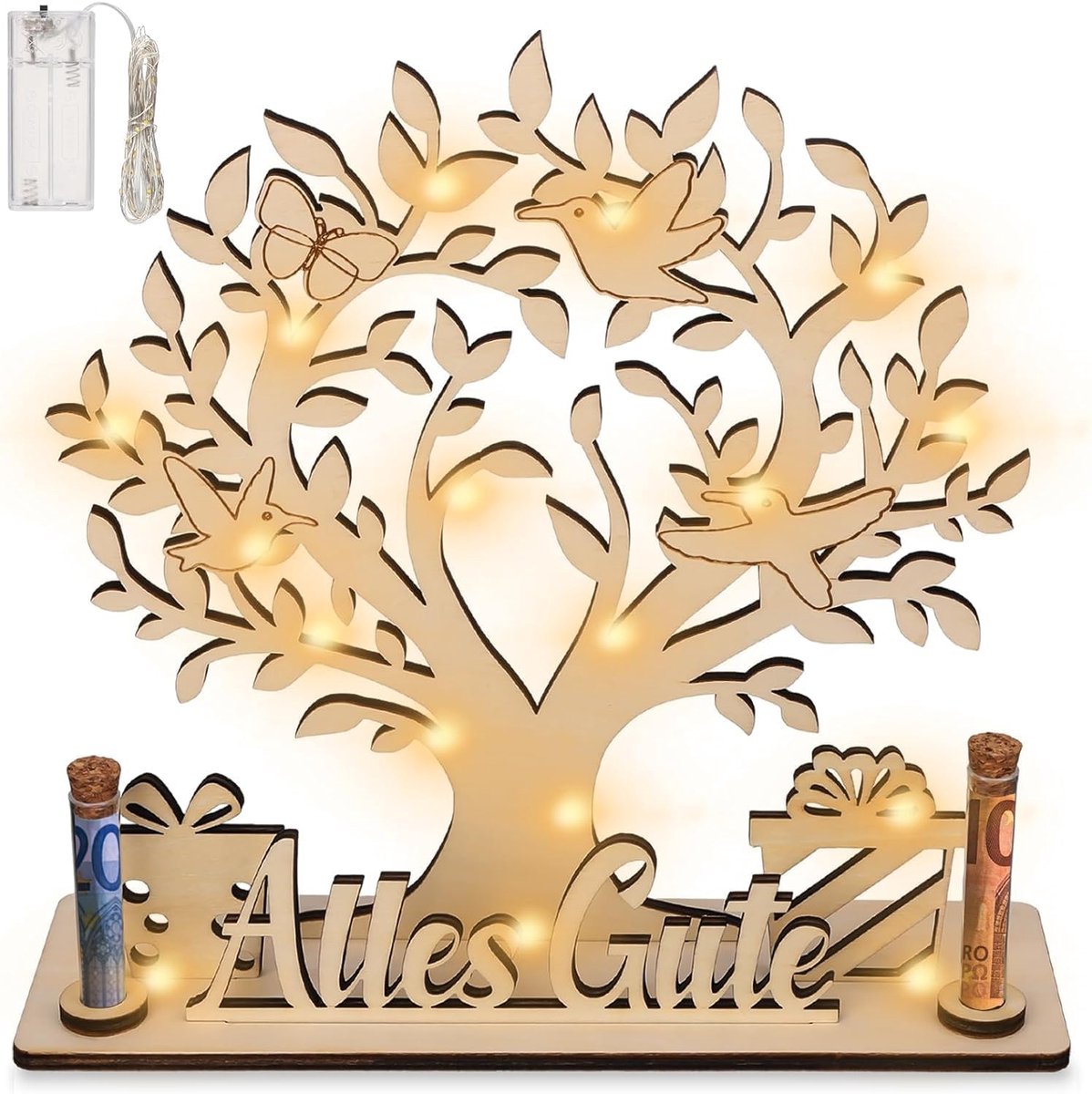 Houten Money Tree met LED String Lights - Gepersonaliseerd Geldcadeau voor Trouwerij - Verjaardag - Geldcadeau voor Mannen en Vrouwen - Bruidsstel