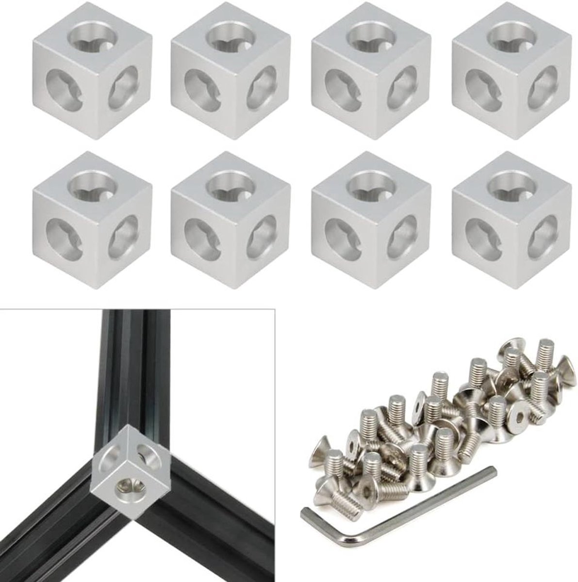 Aluminium Hoekverbinder - Cube hoekstuk - Frame constructie - Ingebouwde verbinding - 20mm - Zilver