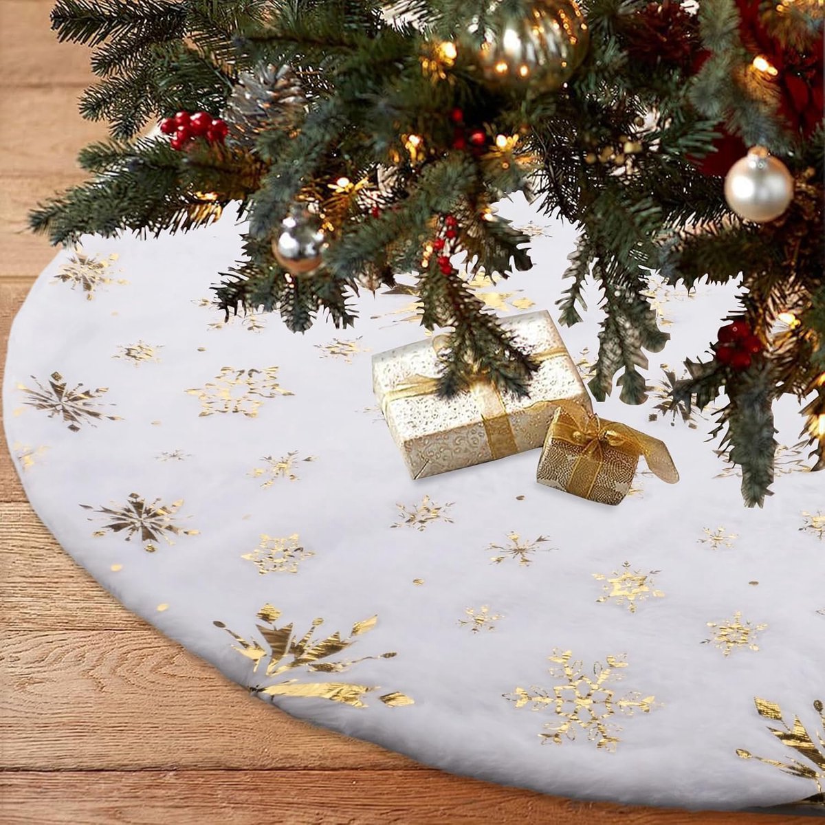 90 cm Kerstboomrok - Witte Voetbedekking - Ronde Pluche Sneeuwvlok - Gouden Kerstdecoratie