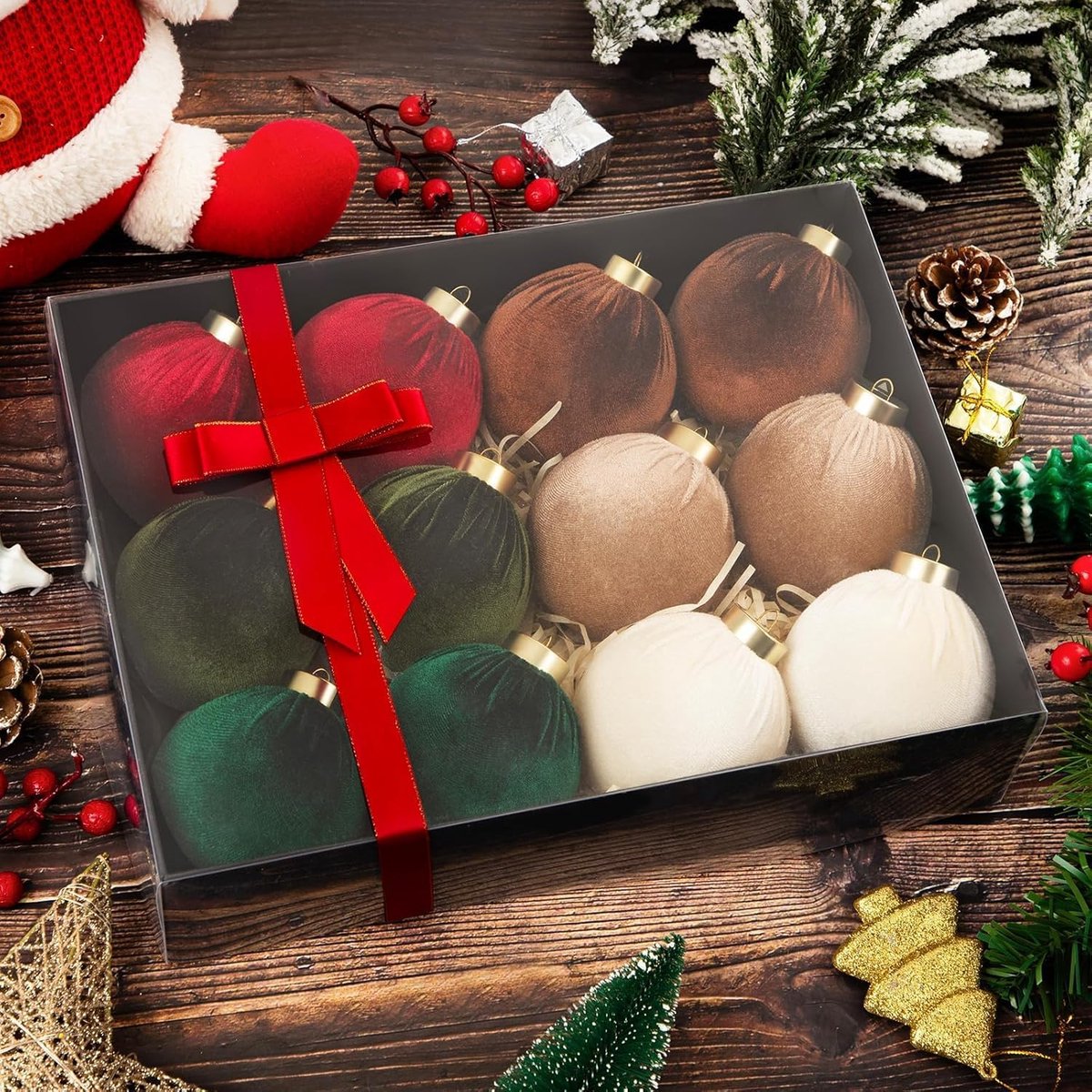 12 Pcs Velvet Christmas Baubles - 8cm Flocking Xmas Baubles Ornament Sets - Shatterproof Versieringen voor Kerstboom, Feestdagen, Thuis, Kerstfeest Decoratie (6 Kleuren)