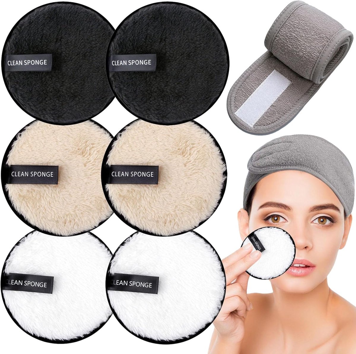7 Pcs Makeup Remover Pads - Herbruikbare Makeup Pads met Spa Headbands - Grote Dubbelzijdige Gezichtsdoeken - Wasbare Microfiber Katoenen Reinigingsdoeken voor Gezicht en Ogen