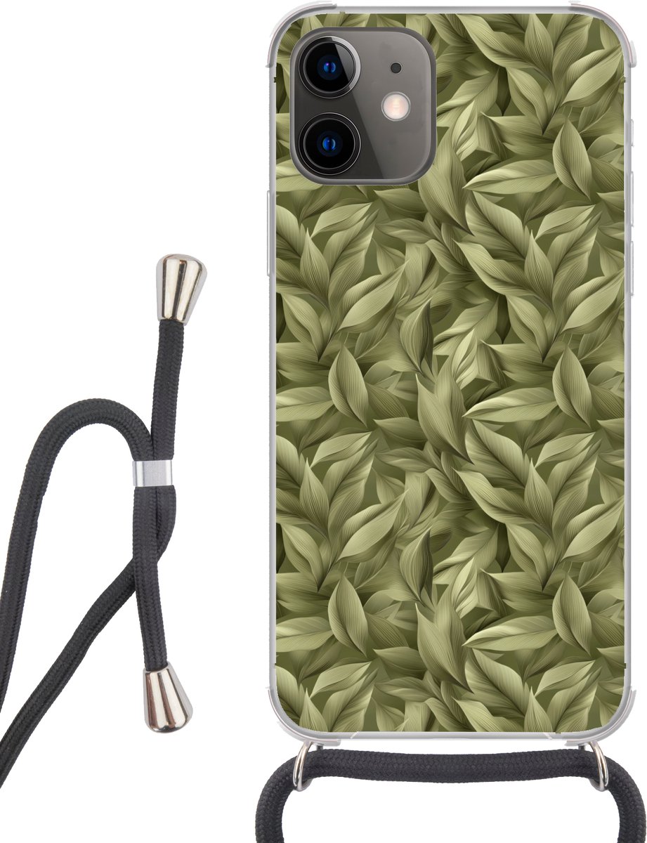Telefoonhoesje Geschikt voor iPhone 11 - Bladeren - Modern - Groen - Siliconen - Crossbody - Backcover met Koord - Telefoonhoesje met koord - Hoesje met touw Telefoonhoesje