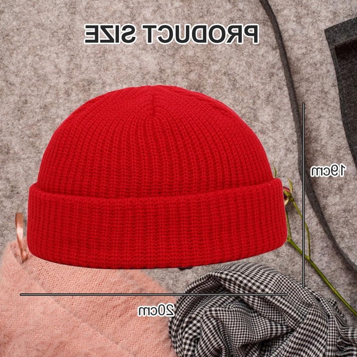 Knitted Beanie voor Mannen, Warme Rolrand Hoed, Trendy Trawler Beanie, Rood, Perfect voor Koude Dagen