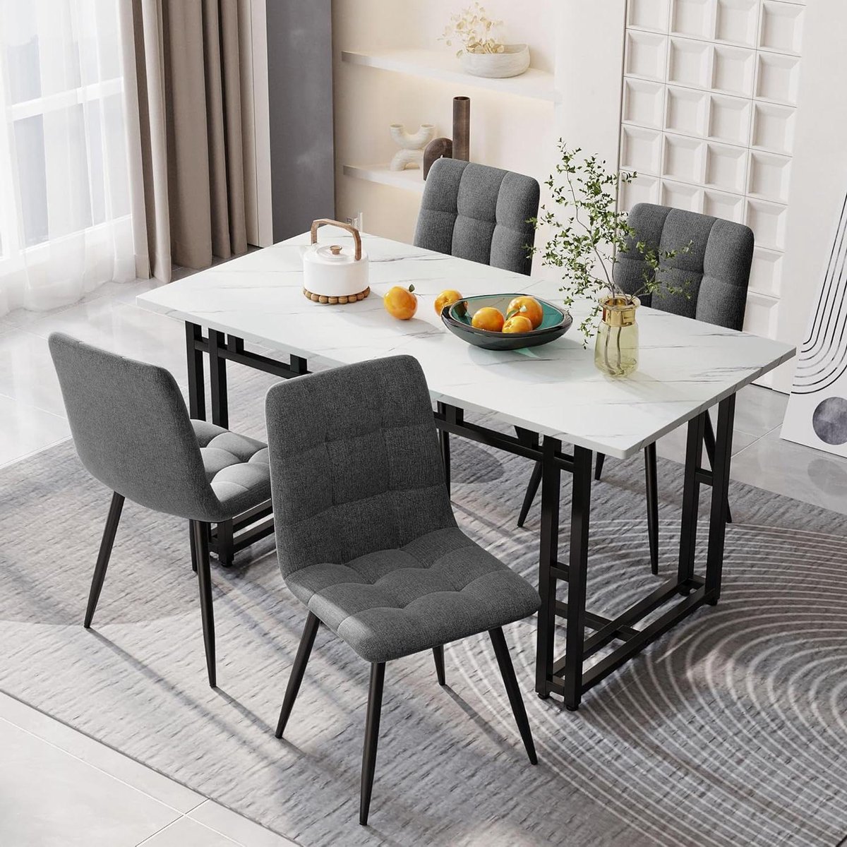 Modern Rectangular Dining Table, Kitchen Table with Robust Black Metal Legs and White Faux Marble Tabletop for Office, Dining Room, Living Room, 140 x 80 x 74 cm (L x W x H)