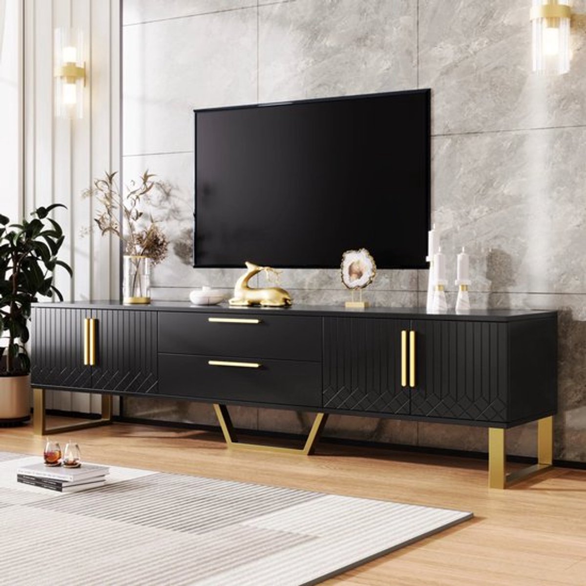 Tv-Meubel – Hoogglans Meubel – TV Kast – Woonkamermeubel – Gouden Accenten – 170 Cm Breed 