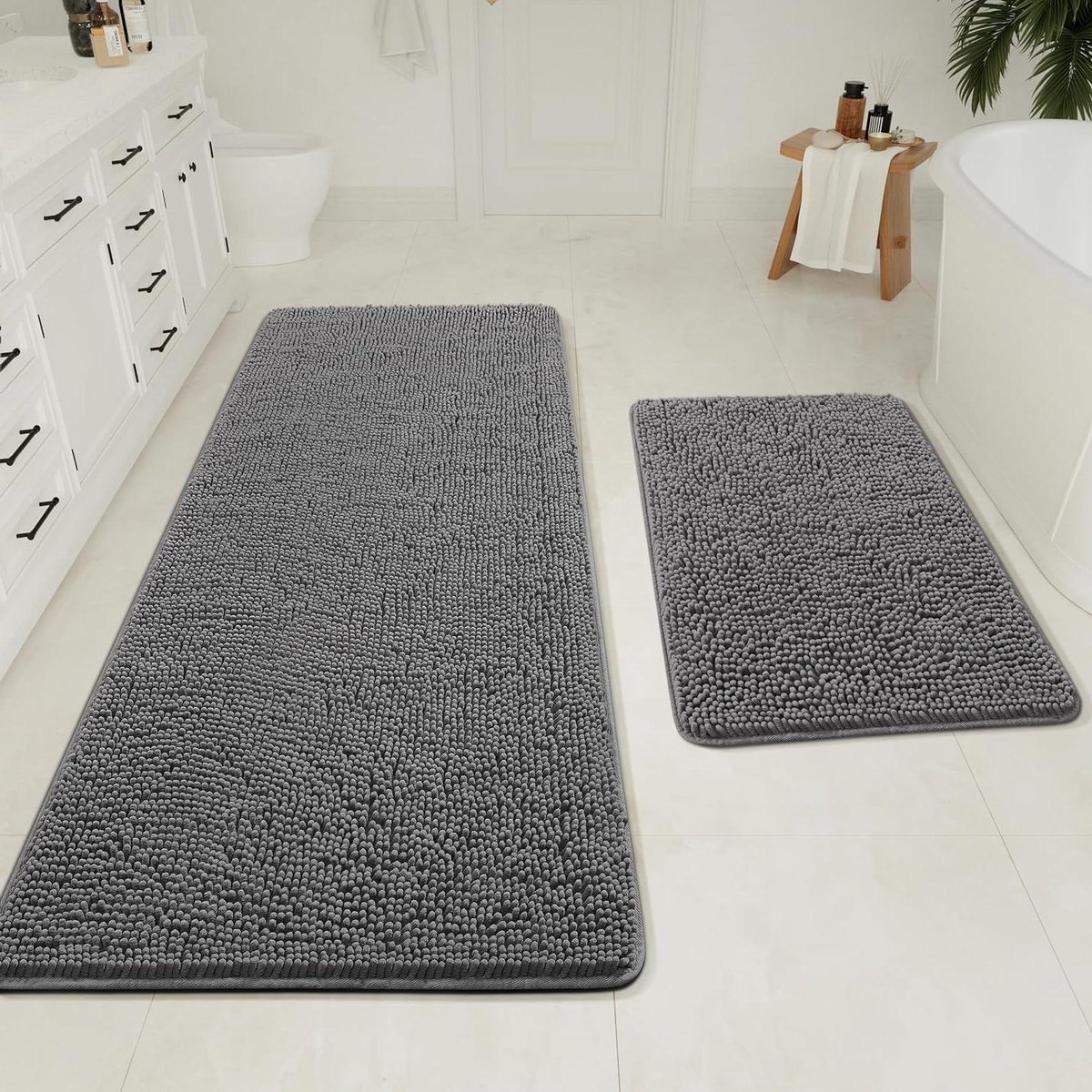 Badkamertapijten set - Badmatten chenille - Voeten drogen - Super absorberend - 20x32 en 24x60 cm - Grijs