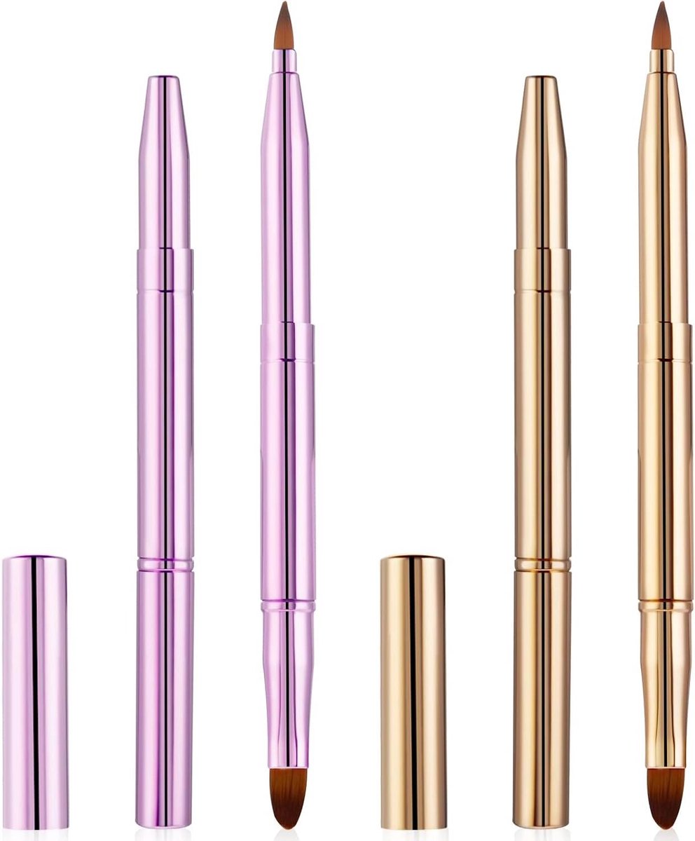 2 stuks lippenborstel voor lippenstift, dubbelzijdige intrekbare lippenstiftborstel met dop herbruikbare veelzijdige lipapplicator toverstokken voor lippenglans, oogschaduw inclusief deksel (goud en