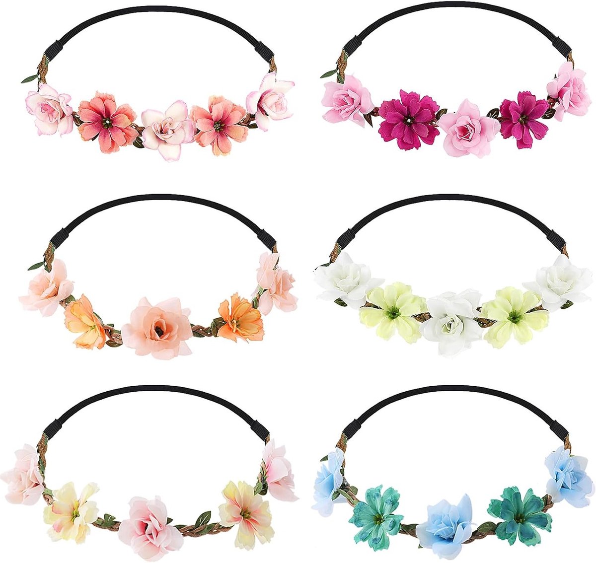 6 Pcs Bloemenkronen Haarbanden voor Meisjes en Vrouwen, Elegante Bloemige Tiara Haaraccessoires voor Bruiloften en Feestjes, Elastische Haarbanden voor Festivals