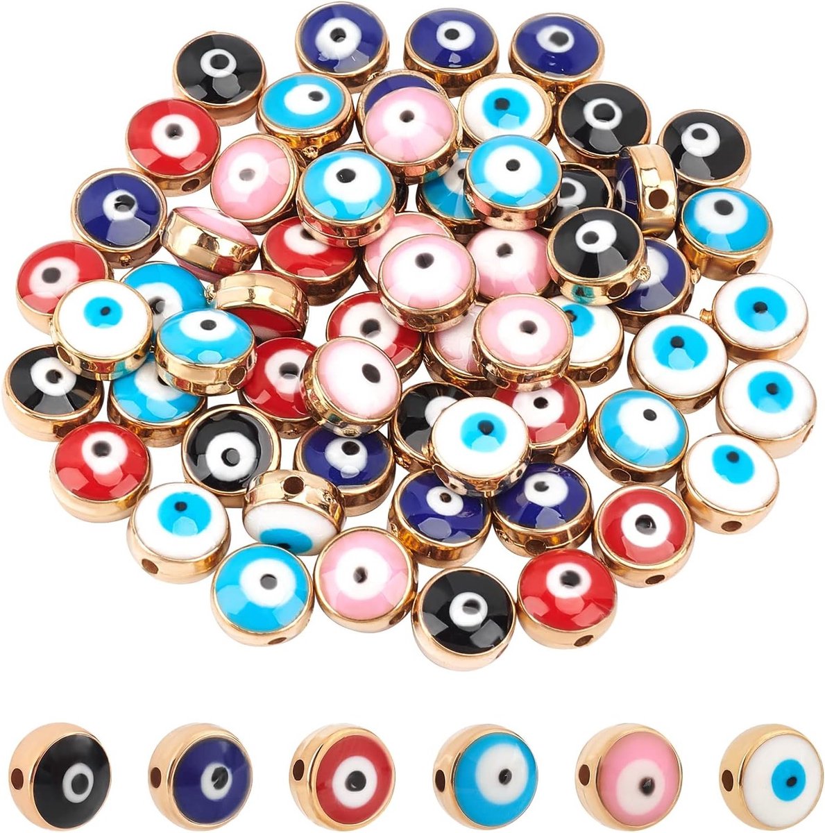 60 Stuks 7.5mm Acrylaat Emaille Boeddha Ogen Kralen, 6 Kleuren Platte Ronde Opaque Kralen voor DIY Sieraden, Kettingen, Armbanden en Oorbellen