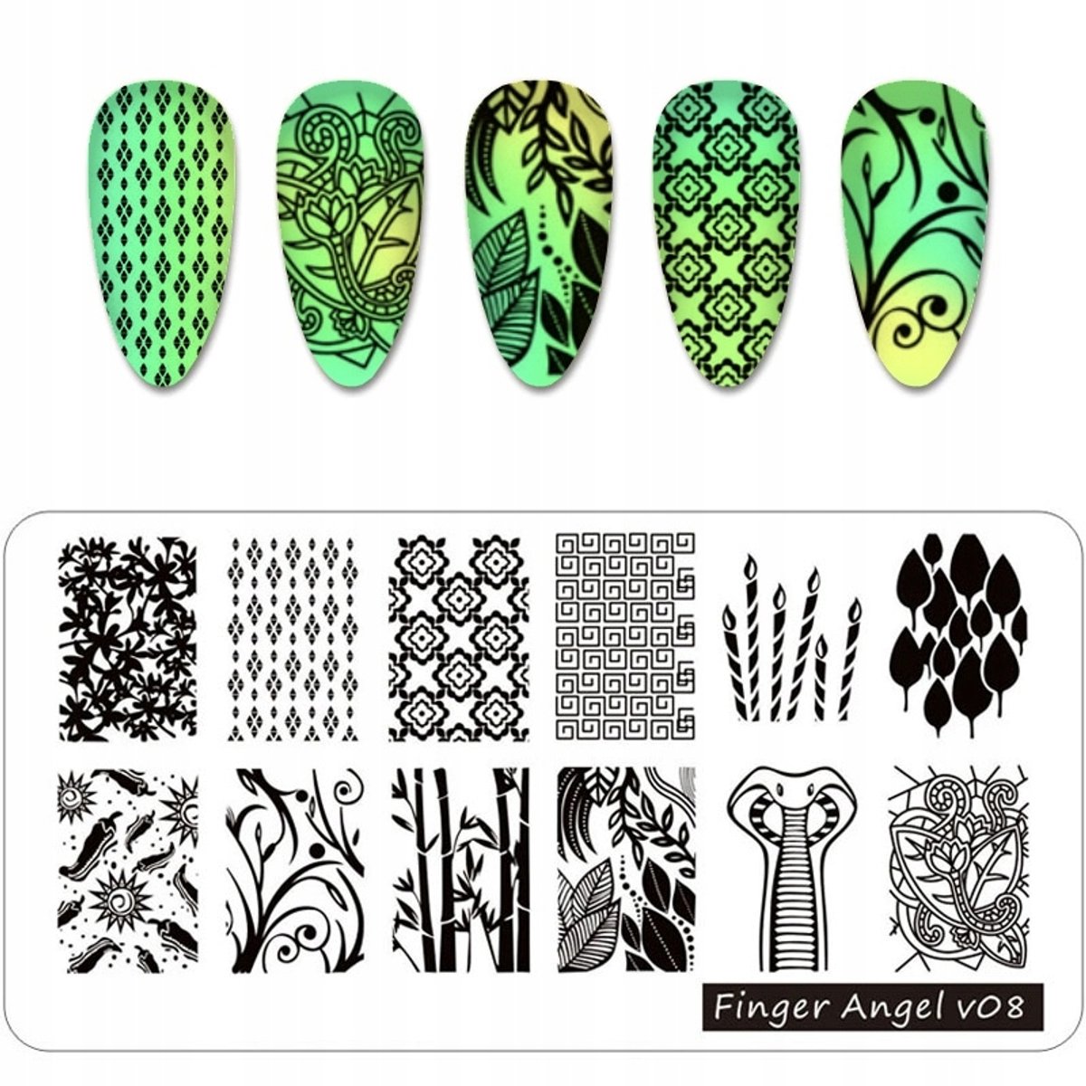 Born Pretty Finger Angel - V08 - Blaszana Płytka - Nageldecoraties - Stempels - Wasp, Bamboo, Bloemen