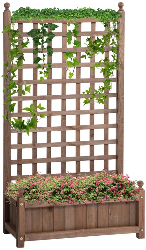 Foto: Plantenbak met klimrek verhoogd bloembak tuinrek tuinbed plantenrek tuinbak klimplantenbak rozenboog met steun voor bloemen fruit groenten kruiden 64 x 28 x 120 donkerbruin