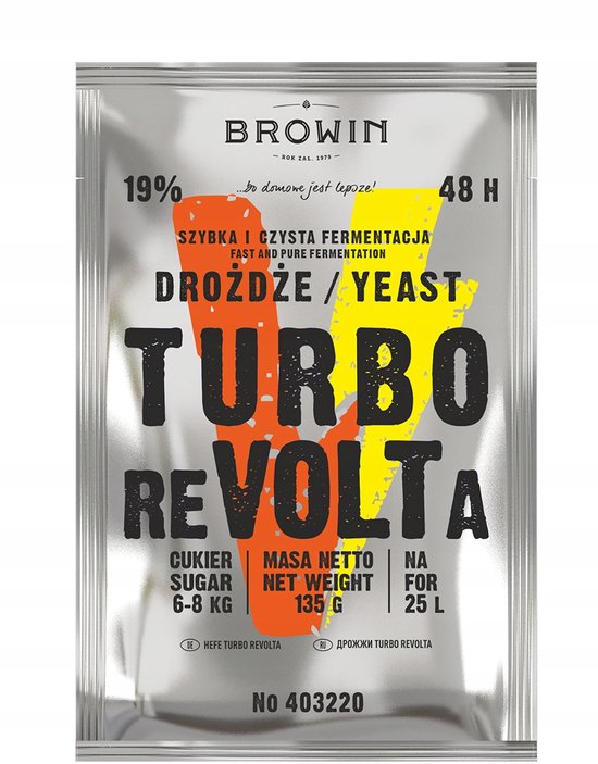 Browin Turbo Revolta gistverpakking met "Turbo Revolta" in grote gele en zwarte letters. 19% en 48H.