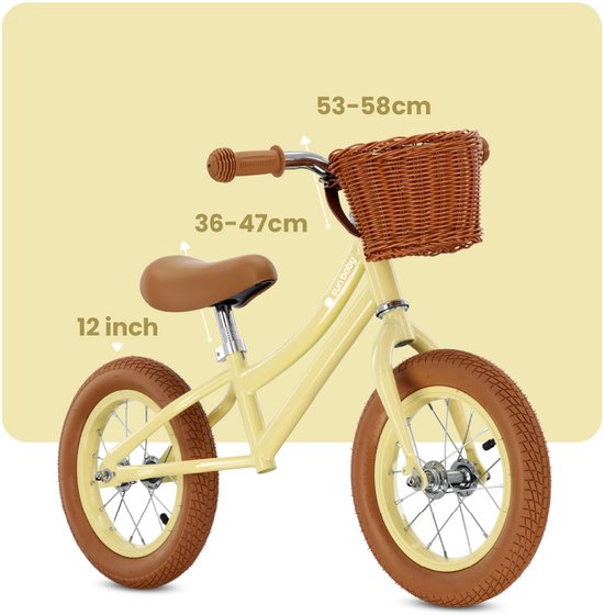 Gele loopfiets met bruin zadel, bruine handvatten, bruin rieten mandje en bruine banden met velgen. Afmetingen 53-58cm stuurhoogte, 36-47cm zadelhoogte.