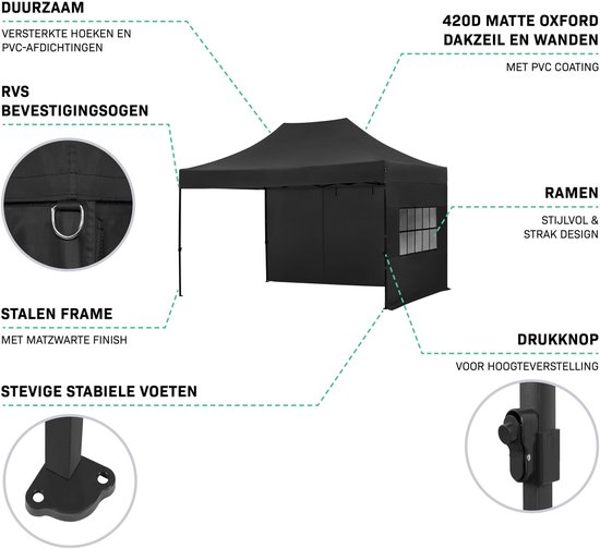 Zwarte partytent met roestvrijstalen bevestigingsogen en stevige, matzwarte stalen poten.