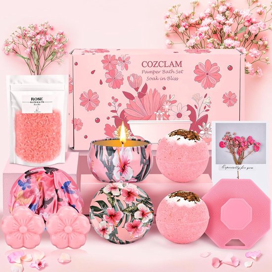 Badset voor vrouwen - Cadeauset met badzout - Zeep - Kaars - Badbom - Borstel en Hoed - Wellness cadeau voor Kerst - Verjaardag - Valentijnsdag